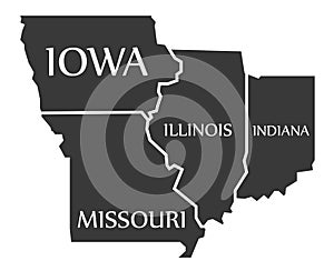 Iowa - Missouri - Illinois - Indiana Map labelled black