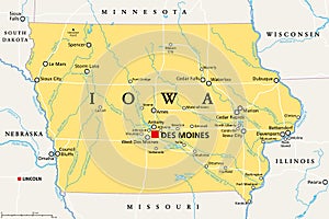 Iowa, IA, political map, US state, nicknamed The Hawkeye State