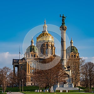 Iowa State Capitol and Soldiers` and Sailors` Monument in Des Moines