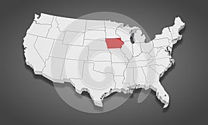 Iowa State Highlighted on the United States of America 3D map. 3D Illustration