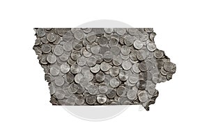 Iowa State Map Outline and Piles of Shiny United States Nickels, Money Concept