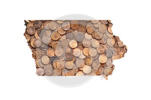 Iowa State Map and United States Money Concept, Piles of Coins, Pennies