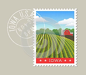 Iowa vector illustration of corn field and red barn.