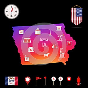 Iowa Vector Map, Night View. Compass Icon, Map Navigation Elements. Pennant Flag of the USA. Industries Icons