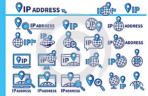 IP address, internet protocol location pointer, computer device web navigation. Network geolocation place. GPS map pin point icon