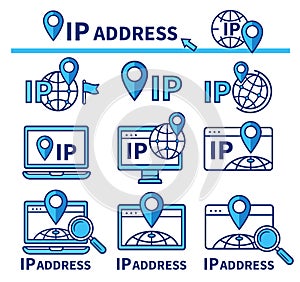 IP address internet protocol location pointer online computer network geolocation. Digital device GPS web navigation position icon