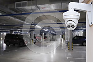 IP CCTV camera security protection system installing parking building car.