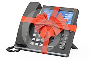 IP phone with ribbon and bow, gift concept. 3D rendering