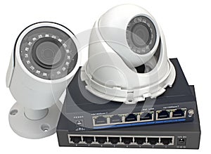 IP security cameras and routers on white