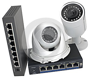 IP security cameras and routers on white
