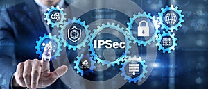 IP Security. Data Protection Protocols. Blue Technology Background. IPSec.