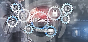 IP Security. Data Protection Protocols. Blue Technology Background. IPSec