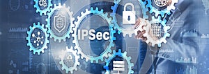 IP Security. Data Protection Protocols. Blue Technology Background. IPSec