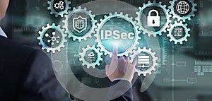 IP Security. Data Protection Protocols. Blue Technology Background. IPSec