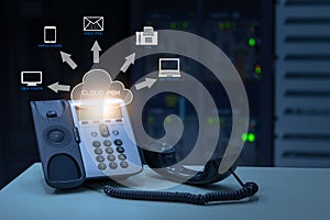 IP Telephony cloud pbx concept, telephone device with illustration icon of voip services