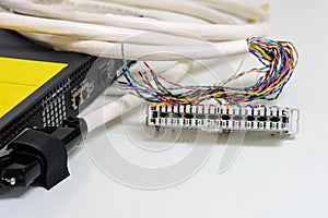 IP Telephony system, Telephone cabling patch panel with twisted pairs cables for digital and analog phone connected to sip trunk v photo