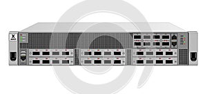 IP traffic router for installation in a 19 inch rack, 2 units. Six optional add-on modules with optical SFP modules.