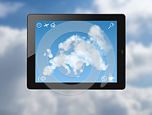 Ipad with map of Europe made of clouds