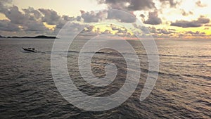 Ipanema Beach, Rio De Janeiro. Aerial View of Sunset Skyline, Speedboat in Water