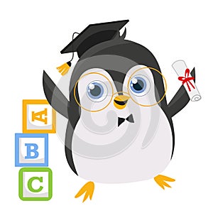 ipart of cute and kawaii penguin on a graduation ceremony holding a diploma certificate on white background