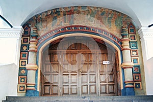 Ipatevsky monastery in Kostroma, Russia. Old church entrance doors.