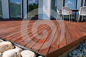 Ipe wood deck patio, low angle view of tropical hardwood decking