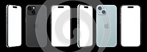 iPhone 15 in blue and black color. iPhone 15 mockup set with blank screen