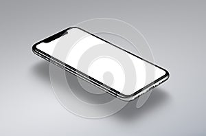 iPhone X. Perspective smartphone mockup hovers over a gray surface