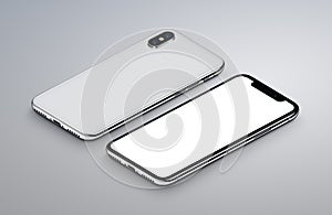 iPhone X. Perspective view isometric white smartphone mockup front and back sides lies on gray surface