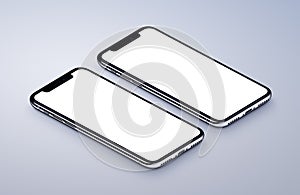 iPhone X. Two perspective smartphones mockup front sides lying on gray surface