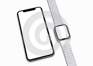 IPhone XS and Apple Watch silver with white screen for mockups