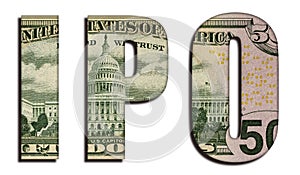 IPO Initial Public Offering Abbreviation Word 50 US Real Dollar Bill Banknote Money Texture on White Background