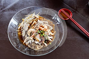 Ipoh popular dry shredded chicken and prawn hor fun noodle served with chili sauce dipping.