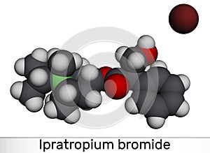 Ipratropium bromide molecule. It is bronchodilator, antispasmodic, anticholinergic drug. Molecular model. 3D rendering photo