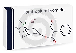 Ipratropium bromide molecule. It is bronchodilator, antispasmodic, anticholinergic drug. Skeletal chemical formula. Paper photo