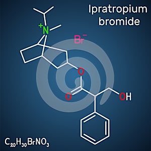 Ipratropium bromide molecule. It is bronchodilator, antispasmodic, anticholinergic drug. Structural chemical formula on the dark photo