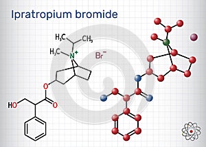 Ipratropium bromide molecule. It is bronchodilator, antispasmodic, anticholinergic drug. Structural chemical formula and molecule photo