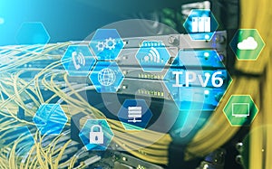 Ipv6 network technology concept on server room background