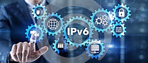 IPv6. Businessman pressing touch screen interface and select icon Internet Protocol