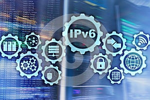 IPv6 Internet Protocol on datacenter background.