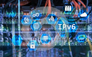 Ipv6 network technology concept on server room background