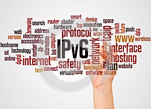 IPv6 network word cloud and hand with marker concept