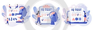 IQ test. Intelligence Quotient. Tiny people determine cognitive abilities. Modern flat cartoon style. Vector