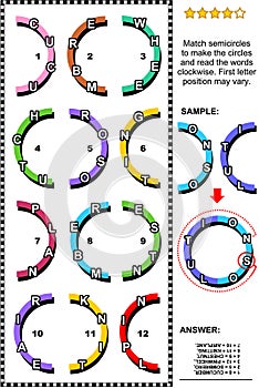 IQ training abstract word puzzle with colorful semicircles