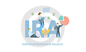 IRA, individual retirement account. Pension account, retirement. Concept with keywords, letters and icons. Flat vector