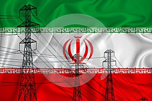 Irak flag in the background Conceptual illustration and silhouette of a high voltage power line in the foreground a symbol of the photo