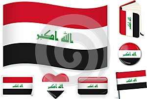 Irak flag wave, book, circle, pin, button, heart and sticker. photo