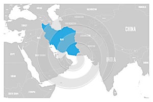 Iran blue marked in political map of South Asia and Middle East. Simple flat vector map