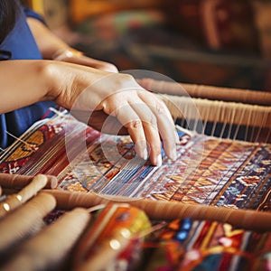 iran closeup hands making kilim carpet rug