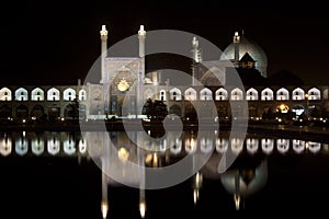 Iran, Esfahan at night, Illuminated Emam mosque and square